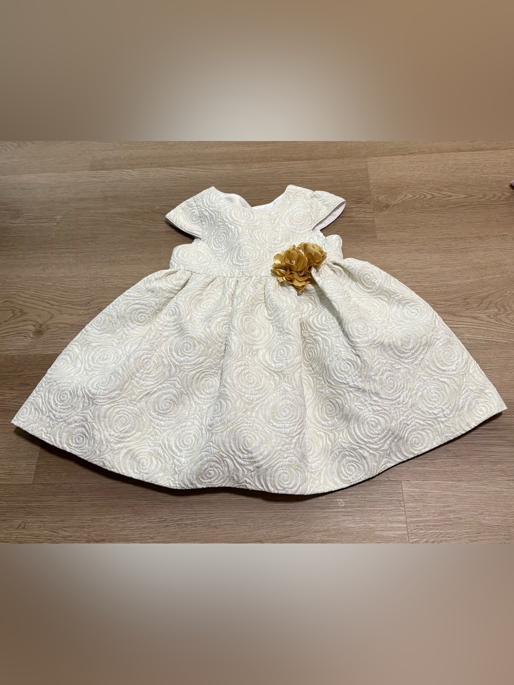 Pippa & Julie Ivory Floral Rose-Textured Dress with Gold Waist Flower